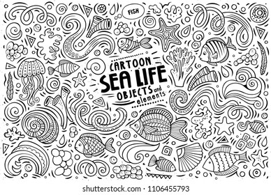 Line art vector hand drawn doodle cartoon set of Sea Life theme items, objects and symbols