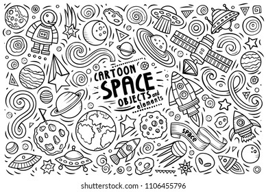 Dibujo gráfico de líneas vectoriales dibujados a mano conjunto de elementos, objetos y símbolos del tema SPACE