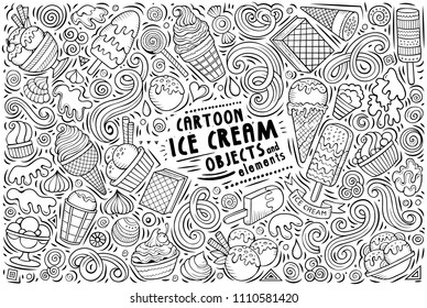 Line art vector hand drawn doodle cartoon set of Ice Cream theme items, objects and symbols