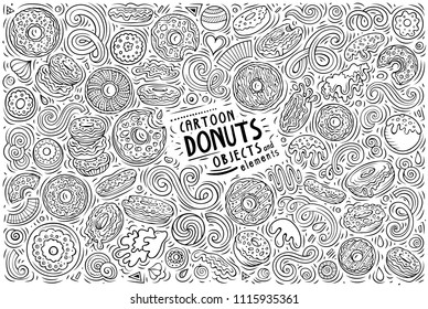 Line art vector hand drawn doodle cartoon set of Donuts theme items, objects and symbols