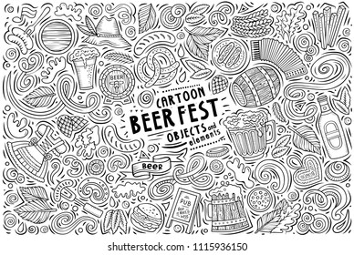 Line art vector hand drawn doodle cartoon set of Beer fest theme items, objects and symbols