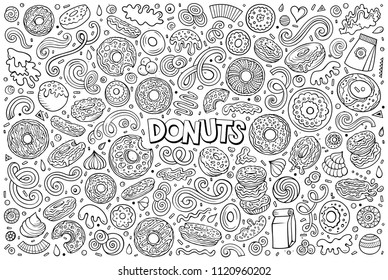 Line art vector hand drawn doodle cartoon set of Donuts objects and symbols