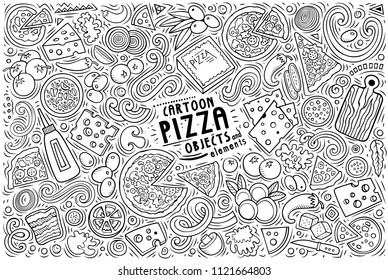 Line art vector hand drawn doodle cartoon set of Pizza theme items, objects and symbols