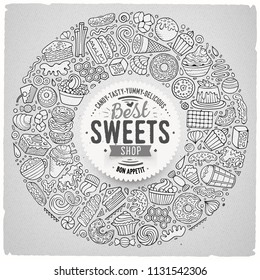 Line art vector hand drawn set of Sweet food cartoon doodle objects, symbols and items. Round frame composition