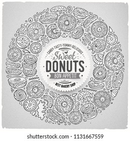 Line art vector hand drawn set of Donuts cartoon doodle objects, symbols and items. Round frame composition