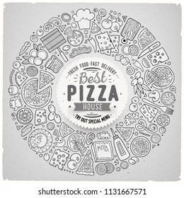 Line art vector hand drawn set of Pizza cartoon doodle objects, symbols and items. Round frame composition