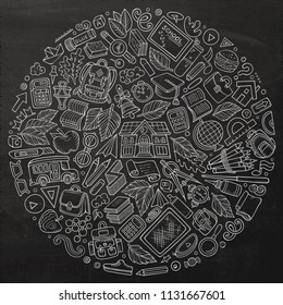 Line art vector hand drawn set of School cartoon doodle objects, symbols and items. Round composition