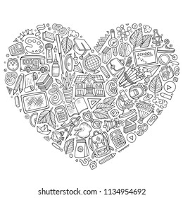 Line art vector hand drawn set of School cartoon doodle objects, symbols and items. Heart form composition