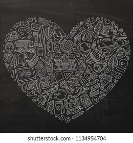 Line art vector hand drawn set of School cartoon doodle objects, symbols and items. Heart form composition