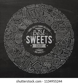 Line art vector hand drawn set of Sweet food cartoon doodle objects, symbols and items. Round frame composition