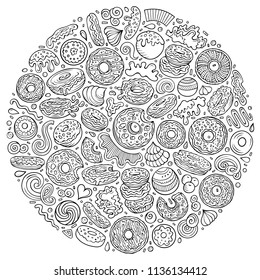 Line art vector hand drawn set of Donuts cartoon doodle objects, symbols and items. Round composition
