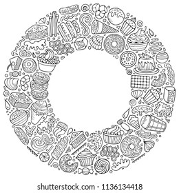 Line art vector hand drawn set of Sweet food cartoon doodle objects, symbols and items. Round frame composition