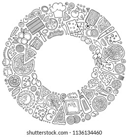 Line art vector hand drawn set of Pizza cartoon doodle objects, symbols and items. Round frame composition