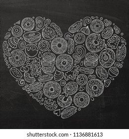 Line art vector hand drawn set of Donuts cartoon doodle objects, symbols and items. Heart form composition
