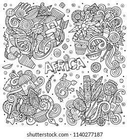 Line art vector hand drawn doodles cartoon set of Africa combinations of objects and elements. All items are separate