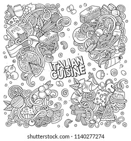 Line art vector hand drawn doodles cartoon set of Italian food food combinations of objects and elements. All items are separate