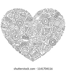 Line art vector hand drawn set of Sweet food cartoon doodle objects, symbols and items. heart form composition