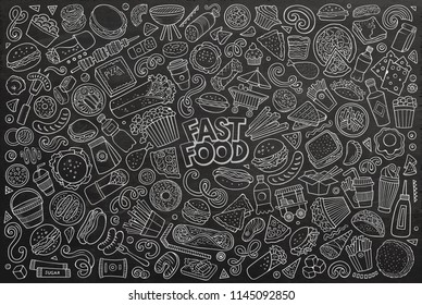 Line art vector hand drawn doodle cartoon set of fastfood objects and symbols