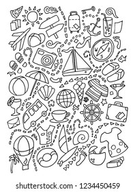 Line art vector hand drawn doodle cartoon set of travel planning theme items, objects and symbols. Tourist vacation journey voyage background