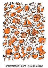 Line art vector hand drawn skew orange colored doodle cartoon set of travel planning theme items, objects and symbols isolated. Tourist vacation journey voyage background