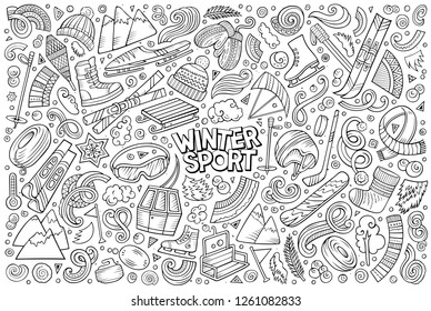 Line art vector hand drawn doodle cartoon set of Winter sports objects and symbols