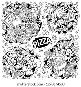 Line art vector hand drawn doodles cartoon set of Pizza combinations of objects and elements. All items are separate