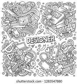 Line art vector hand drawn doodles cartoon set of Designer combinations of objects and elements. All items are separate