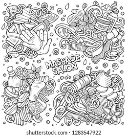 Line art vector hand drawn doodles cartoon set of Massage combinations of objects and elements. All items are separate