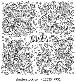 Line art vector hand drawn doodles cartoon set of India combinations of objects and elements. All items are separate