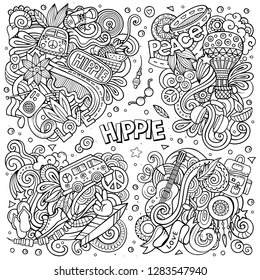 Line art vector hand drawn doodles cartoon set of Hippie combinations of objects and elements. All items are separate