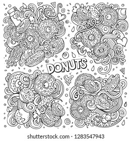 Line art vector hand drawn doodles cartoon set of Donuts combinations of objects and elements. All items are separate