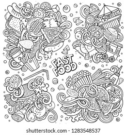 Line art vector hand drawn doodles cartoon set of Fastfood combinations of objects and elements. All items are separate