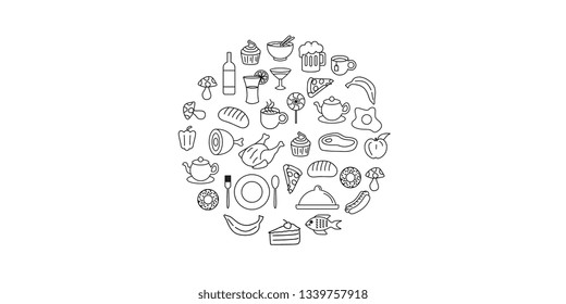 Line art vector hand drawn set of food and drink cartoon doodle objects, symbols and items. Round composition