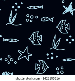 Line art vector hand drawn. Doodle cartoon seamless pattern of marine life. Suitable for fabrics, Wallpapers, album covers, phone cases. Vector illustration.