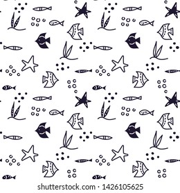 Line art vector hand drawn. Doodle cartoon seamless pattern of marine life. Suitable for fabrics, Wallpapers, album covers, phone cases. Vector illustration.