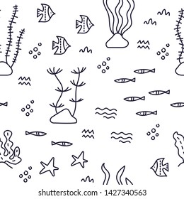 Line art vector hand drawn. Doodle cartoon seamless pattern of marine life. Suitable for fabrics, Wallpapers, album covers, phone cases. Vector illustration.