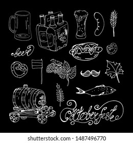 Line art vector hand drawn doodle cartoon set of Oktoberfest theme items, objects and symbols.Set of beer glasses, mugs, pretzel, bottle, hop, barrel, leaf marple, fish, mustache, flage, lettering.