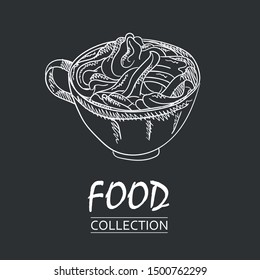 Line art vector hand drawn doodles cartoon set of food objects and elements