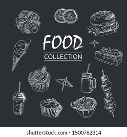 Line art vector hand drawn doodles cartoon set of food objects and elements