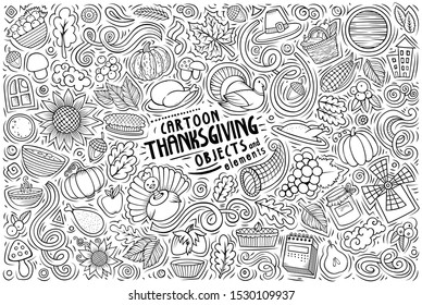 Line art vector hand drawn doodle cartoon set of Thanksgiving theme items, objects and symbols