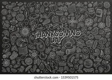 Line art vector hand drawn doodle cartoon set of Thanksgiving theme items, objects and symbols