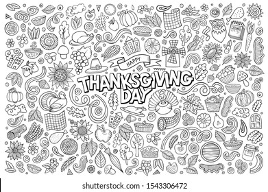 Line art vector hand drawn doodle cartoon set of Thanksgiving theme items, objects and symbols