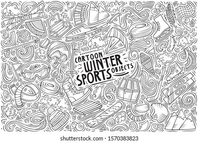 Line art vector hand drawn doodle cartoon set of Winter sports theme items, objects and symbols