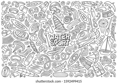 Line art vector hand drawn doodle cartoon set of Water sport theme items, objects and symbols