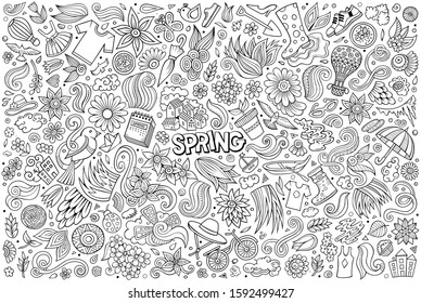 Line art vector hand drawn doodle cartoon set of Spring theme items, objects and symbols