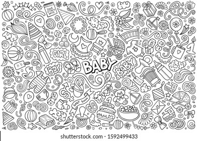 Line art vector hand drawn doodle cartoon set of Baby theme items, objects and symbols