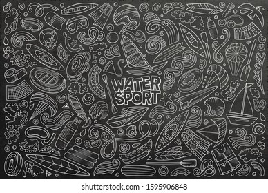 Line art vector hand drawn doodle cartoon set of Water sport theme items, objects and symbols