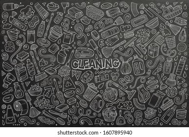 Line art vector hand drawn doodle cartoon set of Cleaning theme items, objects and symbols