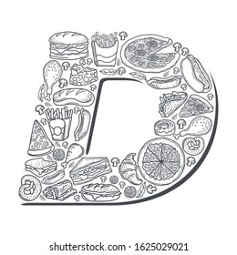 Line art vector hand drawn of food cartoon doodle objects, symbols and items. composition on form the letter D