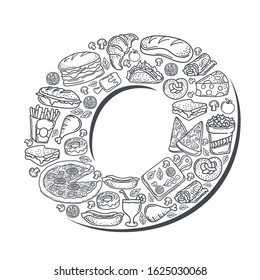 Line art vector hand drawn of food cartoon doodle objects, symbols and items. composition on form the letter O